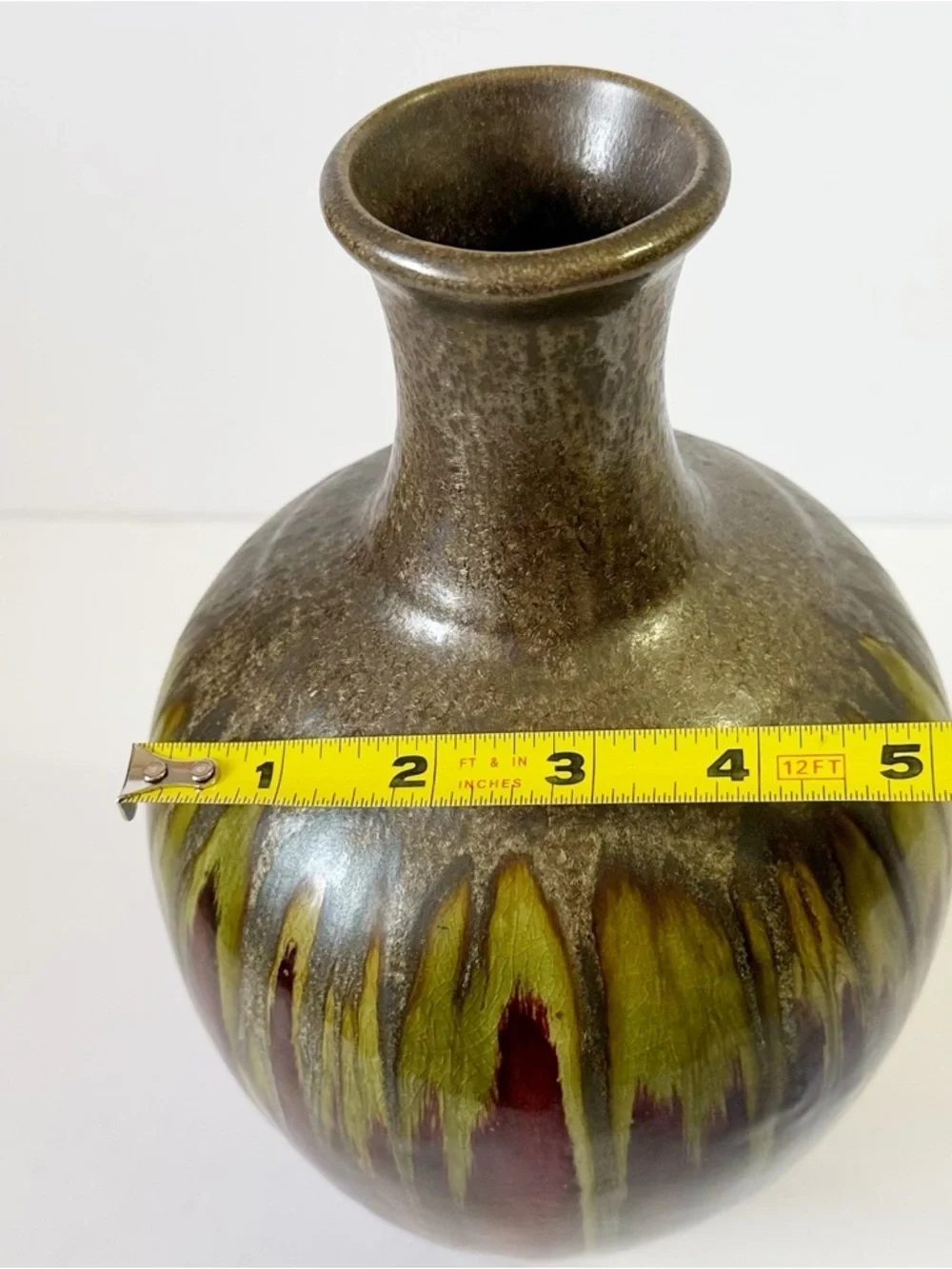 PIER 1 Flower Vase Large Moss Green Brown Drip Glaze Ceramic Glossy